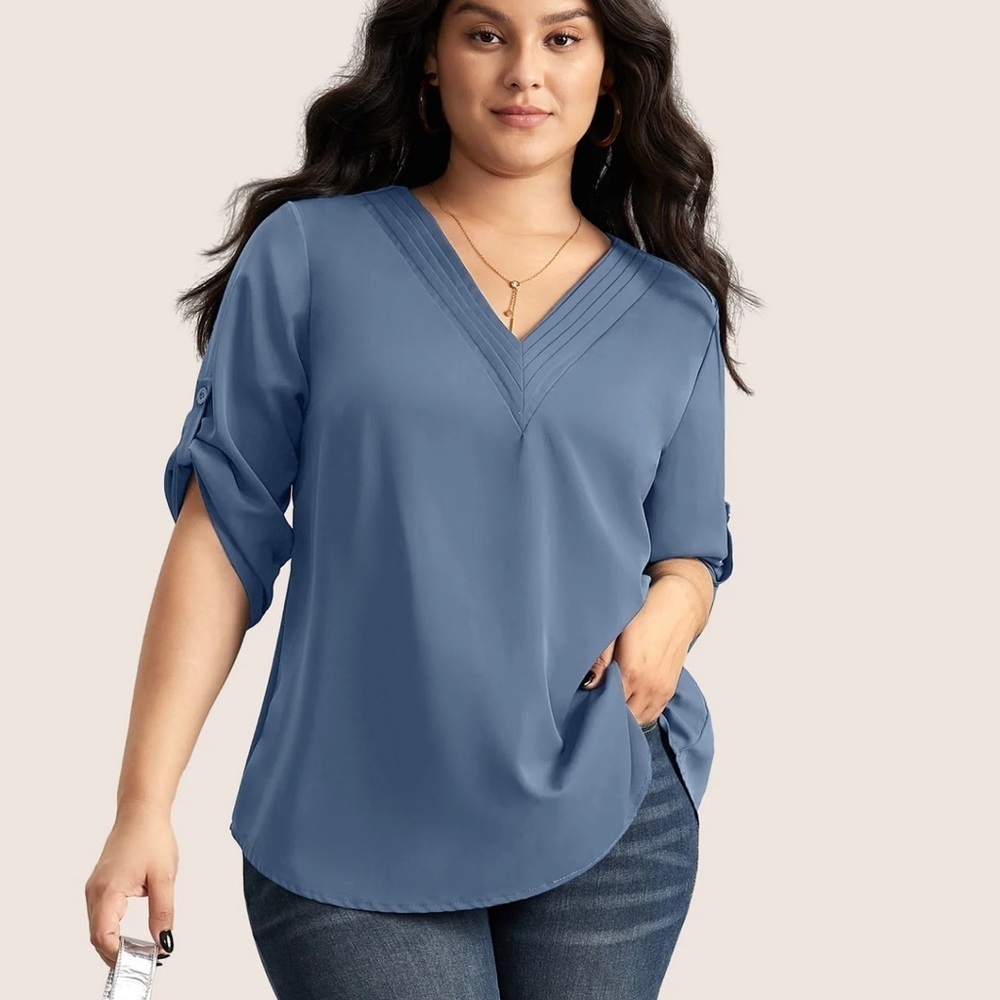 BloomChic Plus Size XL V Neck Plain Pleated Tab Sleeve Blouse us14-16